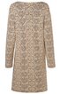 Beiges Kleid mit dunkelgrauem Blumenmuster, lange Ärmel, rundhals, knielang, gerade geschnitten