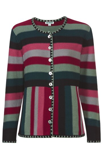 Strickjacke mit langen Ärmeln, horizontal und vertikal gestreift in Dunkelgrün, Dunkelrot, Grau und Schwarz, Rundhalsausschnitt, durchgehende Knopfleiste mit runden hellen Knöpfen, gerade Form