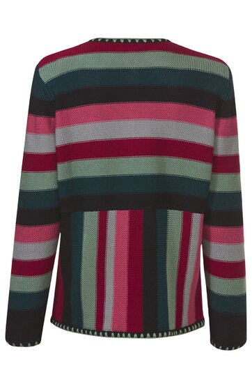 Langärmliger Pullover in Bordeauxrot, Dunkelgrün, Blassgrün und Rosa, Quer- und Längsstreifenmuster, Rundhalsausschnitt, gerade geschnitten