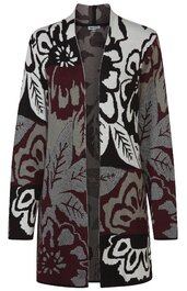 Offener Strickmantel in Dunkelgrau, Burgund und Schwarz, großflächiges Blumenmuster, lange Ärmel, ohne Verschluss, gerade geschnitten