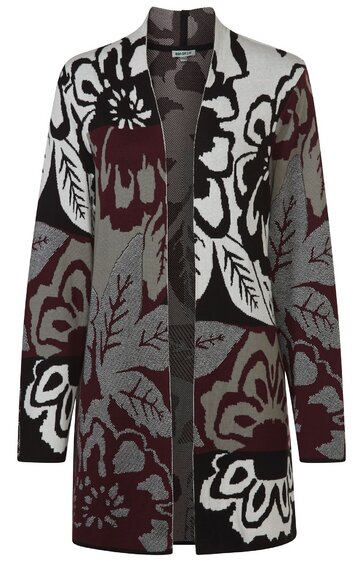Offener Strickmantel in Dunkelgrau, Burgund und Schwarz, großflächiges Blumenmuster, lange Ärmel, ohne Verschluss, gerade geschnitten