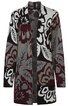 Offener Strickmantel in Dunkelgrau, Burgund und Schwarz, großflächiges Blumenmuster, lange Ärmel, ohne Verschluss, gerade geschnitten