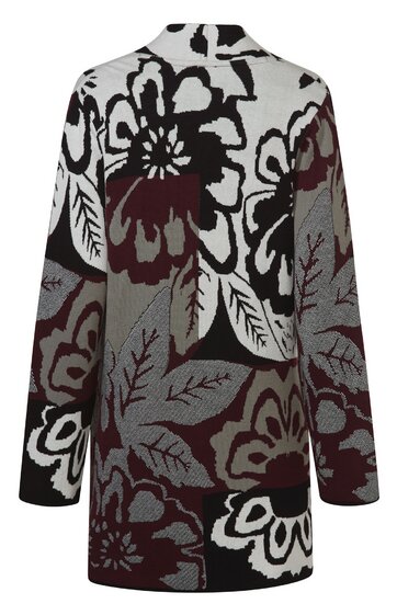 Langärmeliger Cardigan in Grau mit großflächigem floralen Muster in Schwarz, Weiß und Dunkelrot, Reverskragen, gerader Schnitt