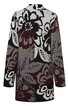 Langärmeliger Cardigan in Grau mit großflächigem floralen Muster in Schwarz, Weiß und Dunkelrot, Reverskragen, gerader Schnitt