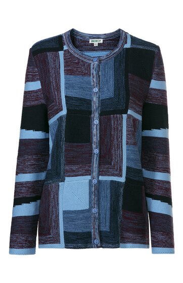 Damenjacke, blau und schwarz, abstraktes Rechteckmuster, Rundhalsausschnitt, durchgehend knöpfbar, lange Ärmel, schmale Passform