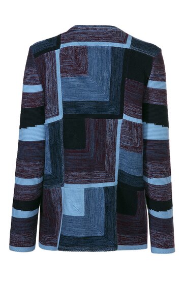 Langärmliges Damenoberteil in Blautönen und Dunkelgrau, abstraktes rechteckiges Muster, Rundhalsausschnitt, gerade geschnitten