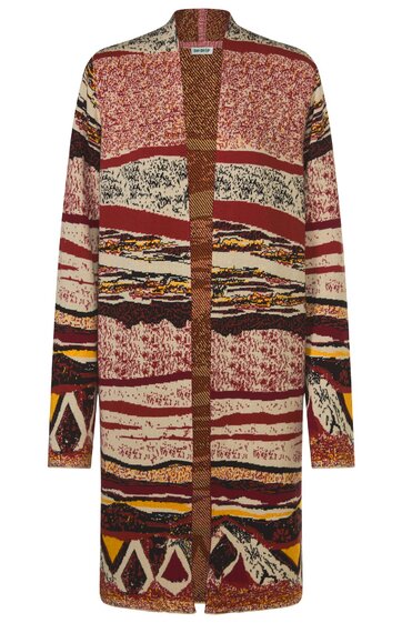 Langer Damenmantel mit buntem Muster in Rot- und Brauntönen
