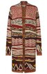 Langer Damenmantel mit buntem Muster in Rot- und Brauntönen