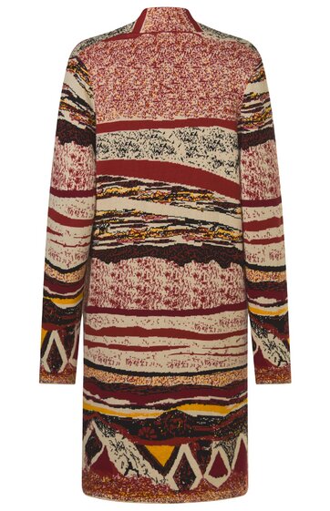 Rückenansicht eines bunten, gemusterten Kleides mit langen Ärmeln