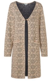 Lang geschnittener Cardigan in Beige mit floralem Muster in Dunkelgrau, V-Ausschnitt, Knopfverschluss, lange Ärmel, zwei aufgesetzte Taschen vorne