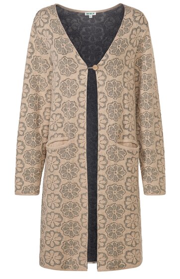 Lang geschnittener Cardigan in Beige mit floralem Muster in Dunkelgrau, V-Ausschnitt, Knopfverschluss, lange Ärmel, zwei aufgesetzte Taschen vorne