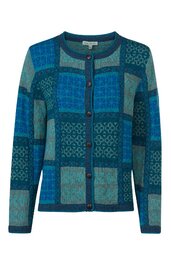 Strickjacke in Blau- und Grüntönen mit geometrischem Muster, Rundhalsausschnitt, lange Ärmel, durchgehende Knopfleiste mit grauen Knöpfen