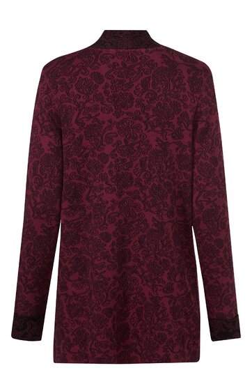 Langärmliges Oberteil in dunklem Bordeauxrot mit floralem Muster, Stehkragen, gerade geschnitten, Rückansicht