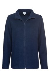 Dunkelblaue Fleecejacke, durchgehender Reißverschluss, Stehkragen, lange Ärmel, gerade geschnitten