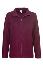 Dunkelrote Fleecejacke, einfarbig, Stehkragen, durchgehender Reißverschluss, lange Ärmel, gerade geschnitten