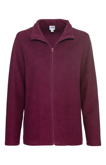 Dunkelrote Fleecejacke, einfarbig, Stehkragen, durchgehender Reißverschluss, lange Ärmel, gerade geschnitten