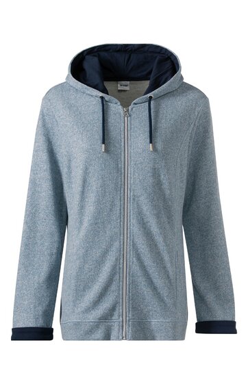 Hellblauer Kapuzenpullover mit Reißverschluss, dunkelblaue Kapuzeninnenfutter und Bündchen, lange Ärmel, zwei Fronttaschen, gerade geschnitten