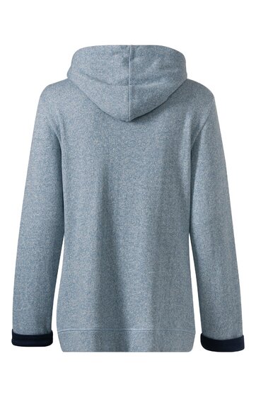 Hellgrauer Kapuzenpullover ohne Muster, langärmlig, Kapuze mit Naht, schwarze Bündchen an den Ärmeln, gerade geschnitten, Rückansicht