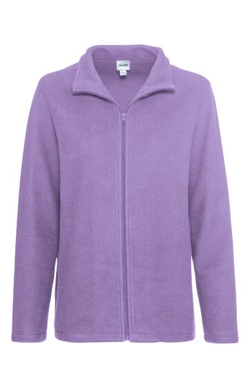 Hellviolette Jacke mit durchgehendem Reißverschluss, Stehkragen, lange Ärmel, schlichte gerade Form ohne Muster oder weitere Details