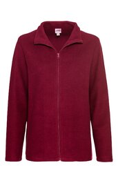 Bordeauxrote Fleecjacke, einfarbig, Stehkragen, durchgehender Reißverschluss, lange Ärmel, gerade geschnitten