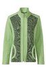 Hellgrüne Strickjacke mit Reißverschluss, Stehkragen, dunkelgrünes eingestricktes Rautenmuster vorne, zwei runde Taschen mit hellgrünem Rand, lange Ärmel