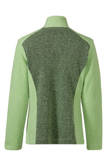 Langärmliges Outdooroberteil in hellgrün mit dunkelgrauem, diagonal gestreiftem Rückeneinsatz, Stehkragen, gerade Form