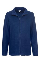 Dunkelblauer langärmliger Zip-Up-Fleece mit Stehkragen, durchgehendem Reißverschluss, geradem Schnitt ohne Muster