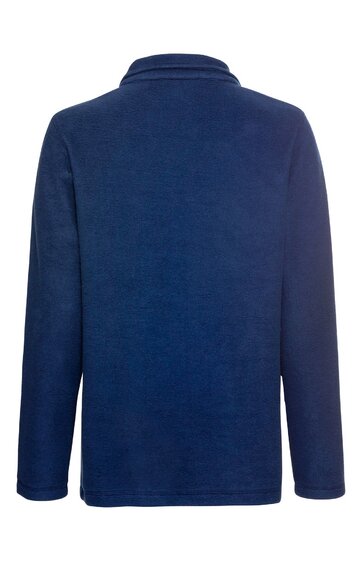 Langärmliges Oberteil in dunkelblau, einfarbig, mit Stehkragen, gerade geschnitten, Rückenansicht