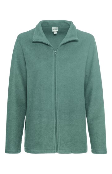 Hellgrüne Fleecejacke, durchgehender Reißverschluss, Stehkragen, lange Ärmel, gerade geschnitten