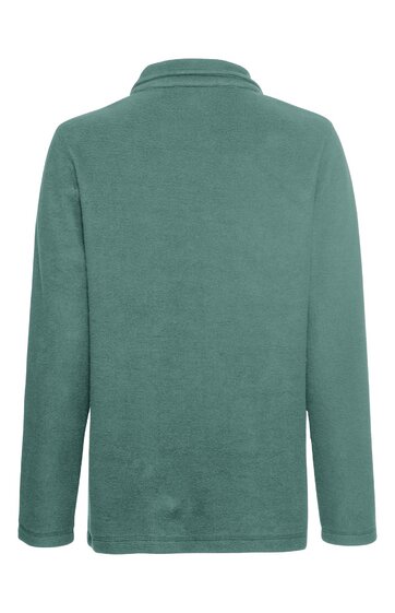 Langärmliges Pullover-Shirt in beruhigendem Salbeigrün, ohne Muster, mit Stehkragen, gerade geschnitten, Rückansicht, schlichtes Design