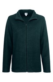 Dunkelgrüne Fleecejacke, durchgehender Reißverschluss vorne, Stehkragen, lange Ärmel, gerade geschnitten