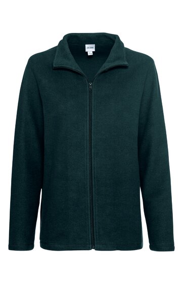 Dunkelgrüne Fleecejacke, durchgehender Reißverschluss vorne, Stehkragen, lange Ärmel, gerade geschnitten
