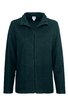 Dunkelgrüne Fleecejacke, durchgehender Reißverschluss vorne, Stehkragen, lange Ärmel, gerade geschnitten