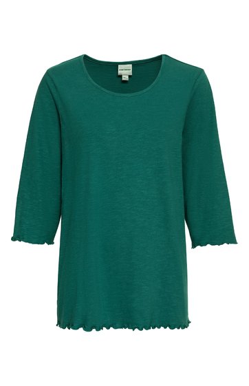 Dunkelgrünes Langarmshirt ohne Muster, rundhals, geraffte Ärmelenden und Saum, gerade geschnitten