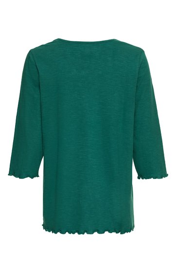 Grüner Langarmshirt ohne Muster, Rundhalsausschnitt, Ärmel und Saum mit Wellenkante, gerader Schnitt