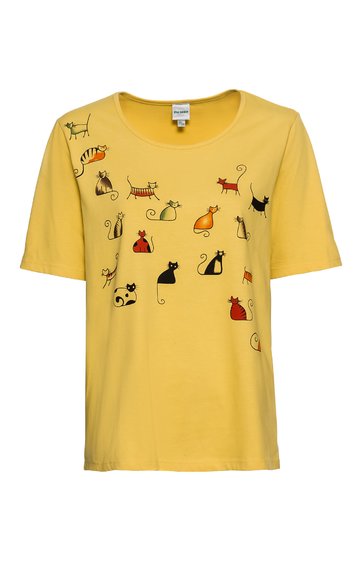 Gelbes T-Shirt mit Rundhalsausschnitt, kurze Ärmel, dekoriert mit bunten Katzenmotiven in verschiedenen Posen auf der Vorderseite