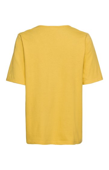 Gelbes T-Shirt ohne Muster, kurzer gerader Schnitt, Rundhalsausschnitt, kurzärmelig, Rückansicht