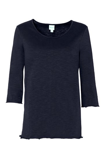 Langarmshirt in Dunkelblau, einfarbig, Rundhalsausschnitt, leicht gewellter Saum an Ärmeln und unterem Rand, schmal geschnitten