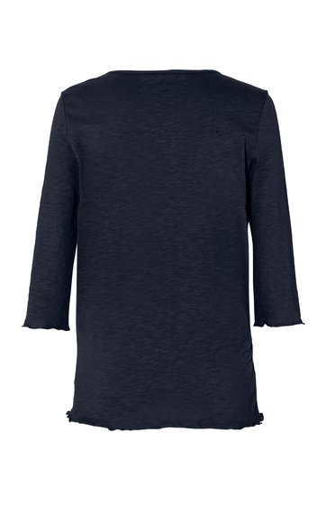 Dunkelblauer Pullover ohne Muster, lange gerade Ärmel, Rundhalsausschnitt, leicht gewellte Ärmel- und Saumkanten