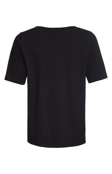 Schwarzes T-Shirt, kurzärmlig, Rundhalsausschnitt, gerade geschnitten, ohne Muster oder zusätzliche Details