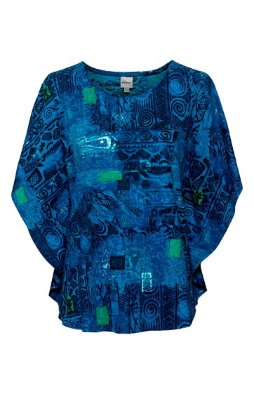 Langärmliges Damenoberteil in dunklem blau mit abstraktem Muster in hellblau und grün, rundem Ausschnitt, lockere Passform