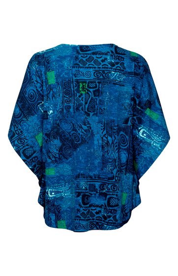 Langärmliges Damenoberteil in verschiedenen Blautönen mit abstraktem Muster, rundem Ausschnitt, lockerer Schnittform