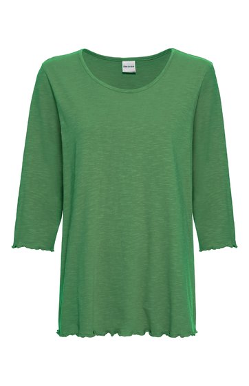 Grünes Langarmshirt mit Rundhalsausschnitt, gerade geschnitten, gewellte Saumkanten an Ärmeln und Unterkante