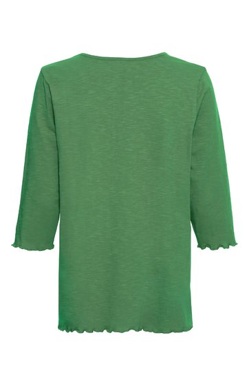 Langärmliges Oberteil in grasgrün, unifarben, Rundhalsausschnitt, gerade geschnitten, Ärmel- und Saumkante wellig, hinten gezeigt