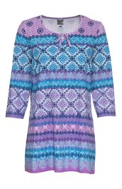 Langärmeliges Damenkleid in Flieder, Türkis und Weiß, horizontale Streifen mit geometrischem und floralen Muster, Rundhals mit Bändchen, knielang, gerade geschnitten