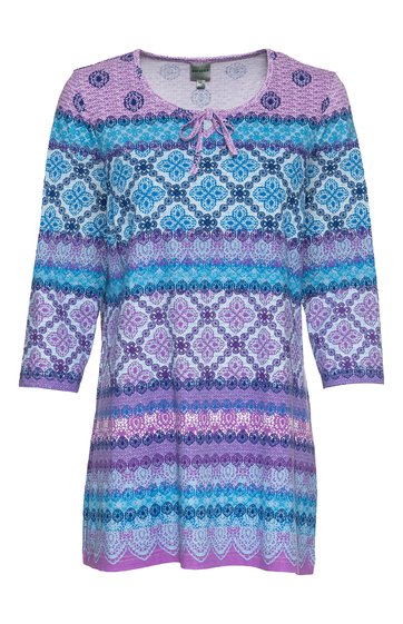 Langärmeliges Damenkleid in Flieder, Türkis und Weiß, horizontale Streifen mit geometrischem und floralen Muster, Rundhals mit Bändchen, knielang, gerade geschnitten