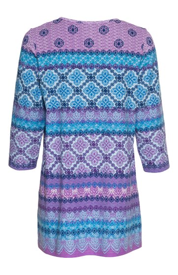 Langärmliges Damenoberteil in Lila und Türkis, gestreift mit floralem Muster, Rundhalsausschnitt, gerade geschnitten, Rückansicht