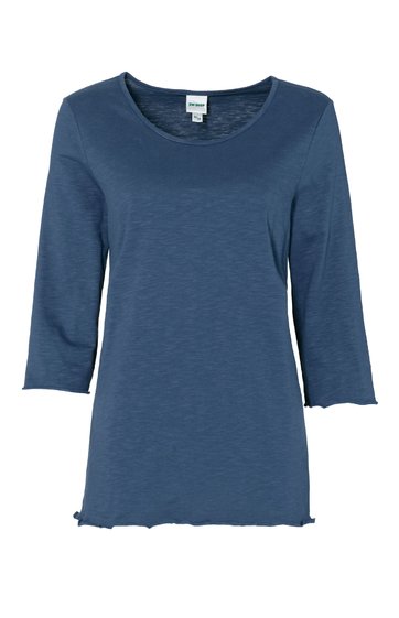 Damenlangarmshirt marineblau einfarbig, Rundhalsausschnitt, 3/4-Arm, leicht gewellter Saum an Ärmeln und unterem Rand, gerade geschnitten