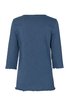Damenoberteil in mittlerem Blauton, unifarben, Rundhalsausschnitt, dreiviertellange Ärmel, leicht gewellter Saum an Ärmeln und Unterkante