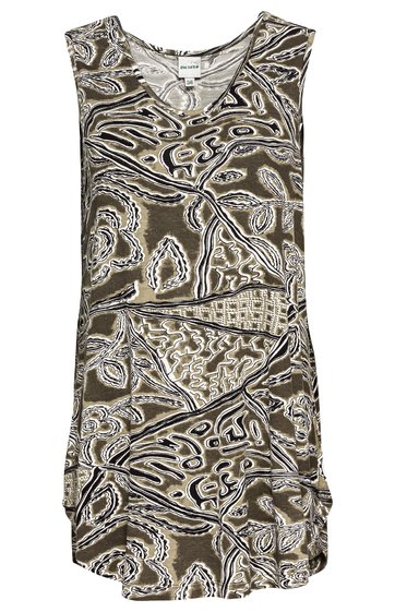 Ärmelloses Kleid in Olivegrün und Beige mit abstraktem Muster, rundem Ausschnitt, lockere Passform, knielang